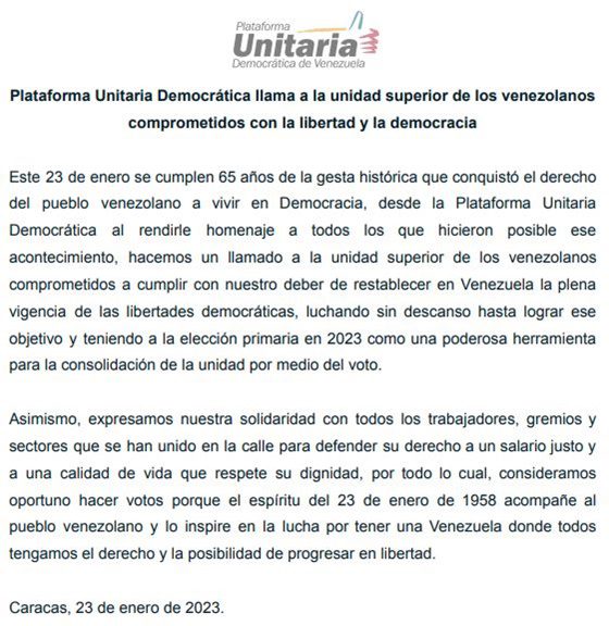 Plataforma Unitaria comunicado del 23 de Enero
